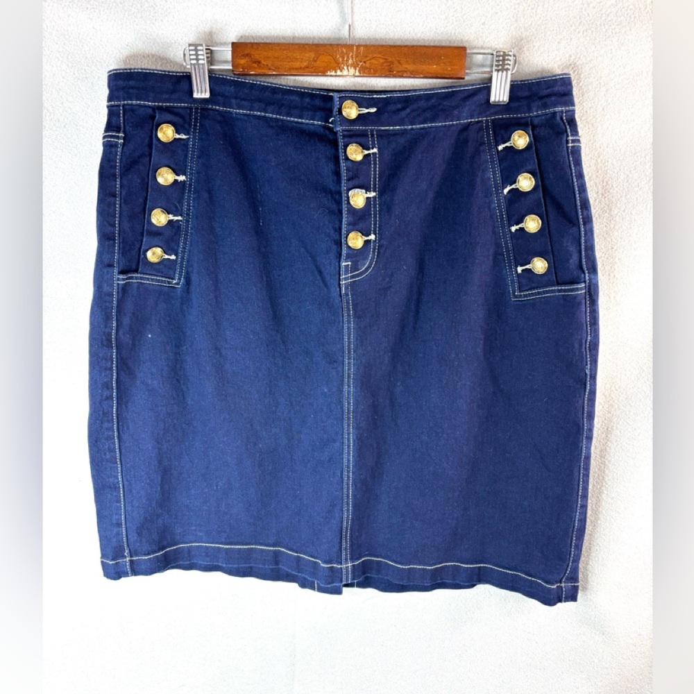 Hydraulic Hi-Rise 16 Military Navy Blue StretcDenim Mini Skirt with Gold Buttons